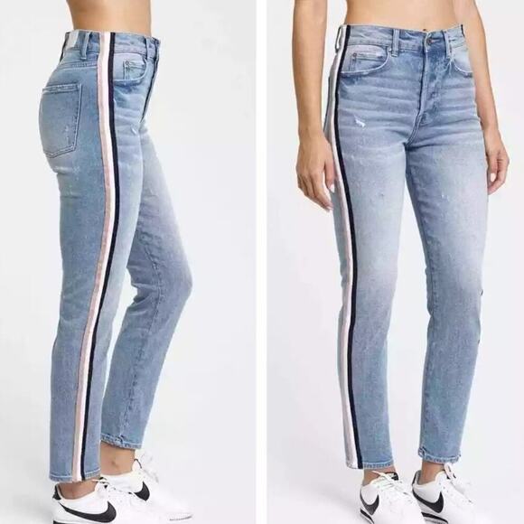pistola Denim - Pistola Nico Half Court Metallic Side Stripe Distressed Mom Jeans Blue Womens 27